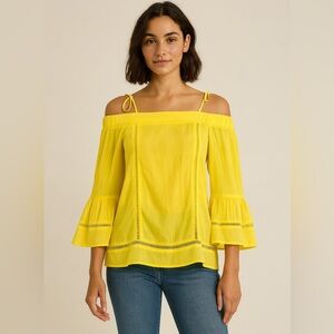 Jade Melody Tan Bright Yellow Off-the-Shoulder Flowy Top Blouse‎ Small Summer